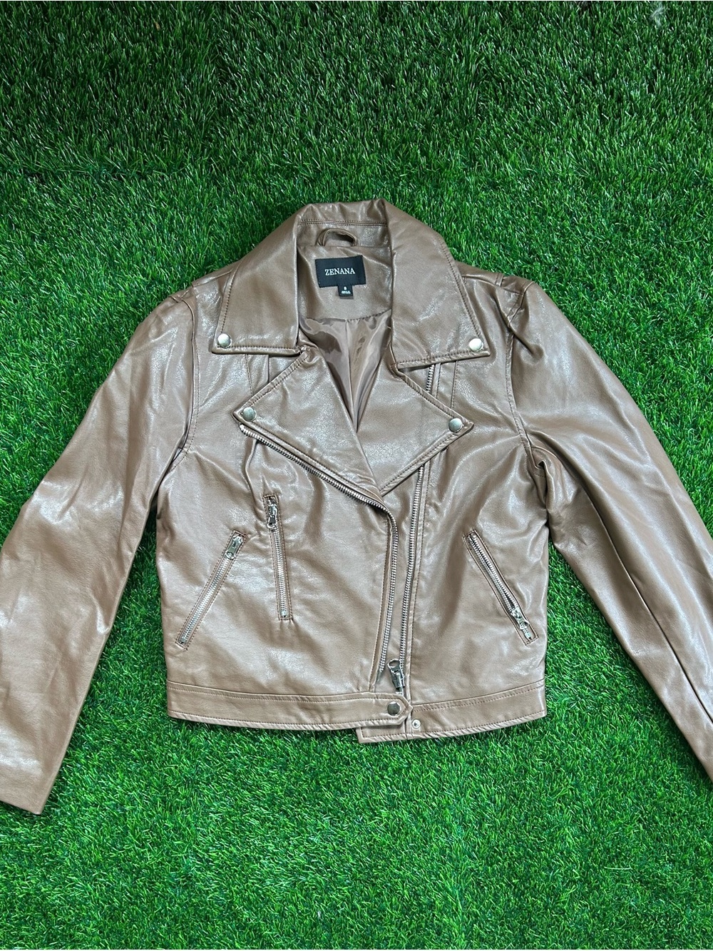 Zenana Outfitters Taupe Faux Leather Moto Jacket
